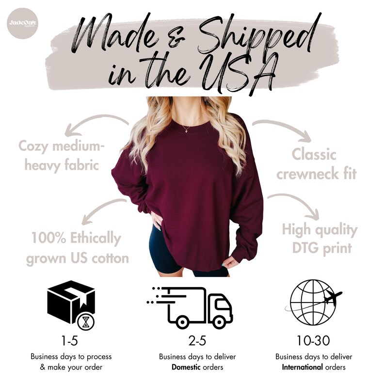 May include: A maroon crewneck sweatshirt with the text "Made & Shipped in the USA." The image highlights features like cozy fabric, a classic fit, and high-quality DTG print. The sweatshirt is made with 100% ethically grown US cotton.