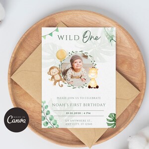 Tema Wild One Jungle - Modelo de convite de aniversário editável - Canva