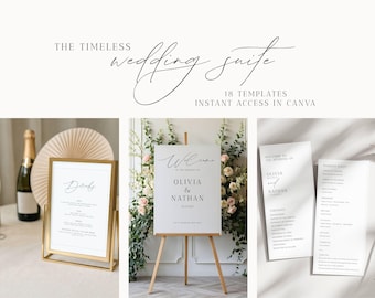 May include: A wedding suite design with the text "THE TIMELESS wedding suite" and "18 TEMPLATES INSTANT ACCESS IN CANVA". The image includes a gold framed sign, a welcome sign, and wedding programs.