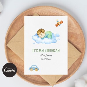 Menino dormindo com brinquedos - Modelo de convite de aniversário editável - Canva
