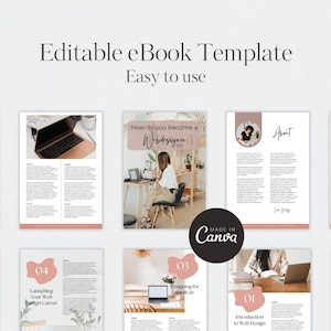 May include: A pink and white ebook template with the title "Editable eBook Template" and the text "Easy to use". The template includes pages with titles such as "Introduction to Web Design", "Designing for the Web", "How do you become a Webdesigner", "Launching Your Web Design Career", "About", and "Table of Contents".