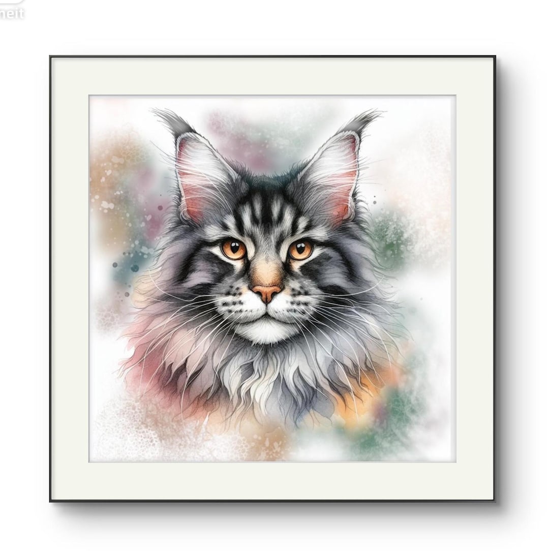 Maine Coon Cat Watercolor Portrait, Pet Art Print or Canvas - Etsy