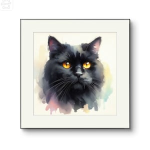 Big Black Cat Wiht Yellow Eyes, Pet Portrait, Charming Watercolor Print, Wall Art Gift, Cat Lover Gift, Home Decor, Personalization Painting