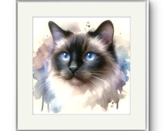 Siamese Cat Watercolor Portrait Art Print: Pet Lover Gift