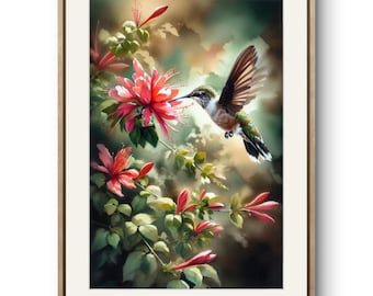 Aquarelprint kolibrie: rode tropische bloem, cadeau vogelliefhebber