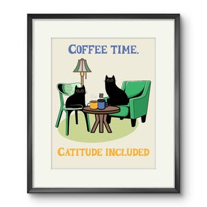Two Black Cats Coffee Print: Mid-Century Modern Kitchen Art