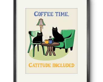 Impresión de café con dos gatos negros: arte de cocina moderno de mediados de siglo, sin marco