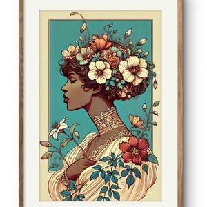 Romantic Woman Portrait Vintage Wall Art Vibrant Colors Art Deco Style Print  Wall Decor Gift for Her Living Room Decor Digital File