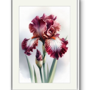 Arte de pared con acuarela de iris burdeos para sala de estar, pintura de flores, decoración de pared, regalo florístico, idea de regalo, arte floral