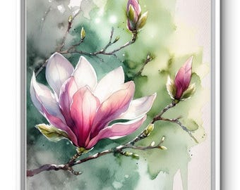 Pink Magnolia Watercolor Art Print: Floral Home Decor