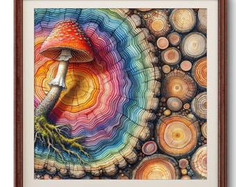 Mushroom Canvas Print: Rainbow Wood Design, Original Wall Art