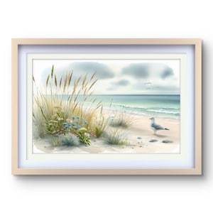 Impressão de arte de parede de costa marítima suave com gaivota, arquivo digital, decoração de arte de parede, presente de arte em aquarela, decoração para casa, paisagem marinha com pássaro, cartão postal
