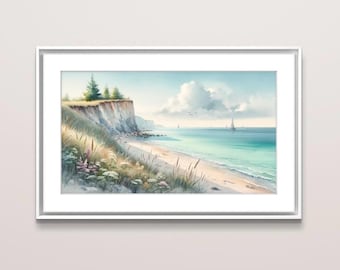 Ocean View Watercolor Art Print: Coastal Seascape Painting