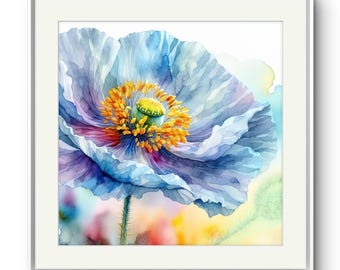 Impresión de acuarela de amapola azul: póster de estilo acuarela con un sereno diseño floral para pared.