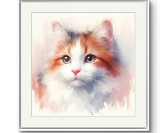 May include: A watercolor painting of a fluffy, white cat with orange and brown markings. The cat has blue eyes and is looking directly at the viewer.