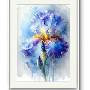 May include: A watercolour painting of a blue and purple iris flower with yellow accents. The flower is in bloom and has a delicate, intricate design. The background is a soft blue watercolour wash.