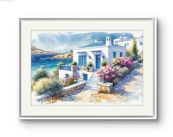 Op de afbeelding: Aquarel schilderij van een wit gebouw met blauwe accenten, met uitzicht op een turquoise zee. Roze bloemen en groene struiken omzomen het stenen pad dat naar het gebouw leidt. Het kunstwerk is ingelijst in een witte lijst.
