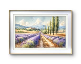 Vintage Lavender Field Watercolor Print: Tuscany Landscape Wall Art