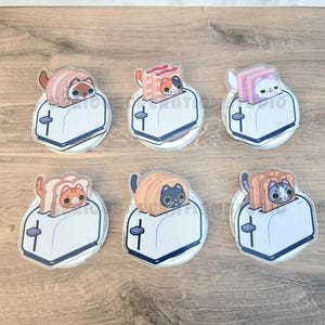 May include: A collection of six clear acrylic pins featuring cartoon cats as toast in toasters. Each pin has a different cat and toast design, with colors including orange, brown, black, and pink. The toasters are white with black details.
