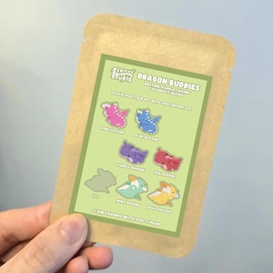 May include: A package featuring a green label with colorful dragon illustrations. The label reads "DRAGON BUDDIES" and includes text about acrylic charms with USB-C plugs. Dragons are pink, blue, purple, red, mint, and gold.