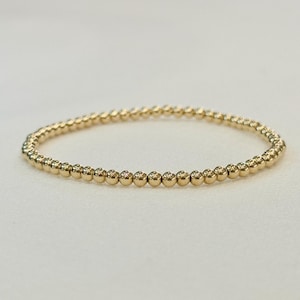 ゴールドフィルドビーズブレスレット - 3 mm、伸縮性、変色防止、防水、重ね付けジュエリー