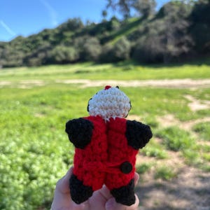 K&ouml;nnte beinhalten: Ein handgefertigtes Panda-B&auml;r-Spielzeug aus H&auml;kelarbeit, von hinten betrachtet. Der Panda hat einen roten K&ouml;rper, schwarze Arme und Beine und einen wei&szlig;en Kopf. Ein kleiner schwarzer Knopf sichert den R&uuml;cken. Das Spielzeug wird in einer Hand vor gr&uuml;nem Gras und blauem Himmel gehalten.