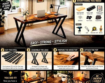 Planos para escritorio industrial de madera y metal / Mesa de oficina en casa para armar (Descarga en PDF)