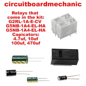 Può includere: Immagine di componenti elettronici tra cui relè e condensatori. Il testo "circuitboardmechanic" è in alto. L'immagine mostra due relè bianchi, diversi condensatori di varie dimensioni e un relè nero.