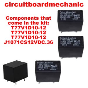 May include: Black electrical components with the text "circuitboardmechanic" and "Components that come in the kit: T77V1D10-12, J1071CS12VDC.36". The components are labeled "Potter & Brumfield" and "177V1010-12".