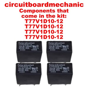 May include: Four black electrical relays with the text "Potter & Brumfield" and model information. The image also includes the text "circuitboardmechanic" and a list of components: T77V1D10-12.