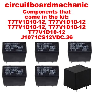 May include: Image of electronic components labeled T77V1D10-12 and J1071CS12VDC.36. The components are black, rectangular relays with pins, and the text "circuitboardmechanic" is at the top.