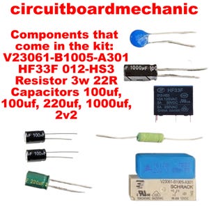 May include: An assortment of electronic components, including capacitors, resistors, and relays, are displayed against a white background. Text in red states "circuitboardmechanic" and lists the components in the kit. The components are in various shapes and colors.