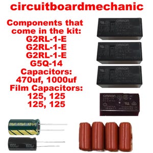 May include: An assortment of electronic components, including relays, capacitors, and film capacitors. The image displays several black Omron relays labeled 24VDC, along with various capacitors labeled 470uf, 1000uf, and film capacitors labeled 125. Text at the top reads "circuitboardmechanic".