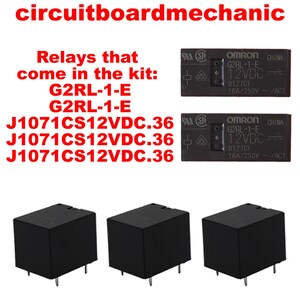 May include: Image of electronic relays. The image includes two OMRON G2RL-1-E 12VDC relays and three black cube-shaped relays. Text on the image reads "circuitboardmechanic" and "Relays that come in the kit: G2RL-1-E, J1071CS12VDC.36".