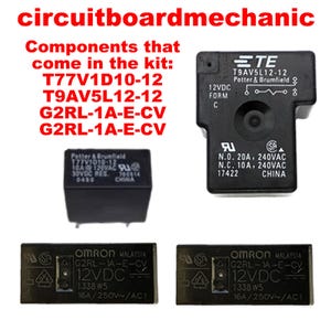 May include: Image of electronic components, including relays and circuit board parts. The image includes text that reads "circuitboardmechanic" and lists component model numbers such as T77V1D10-12 and G2RL-1A-E-CV. The components are black and have various markings.