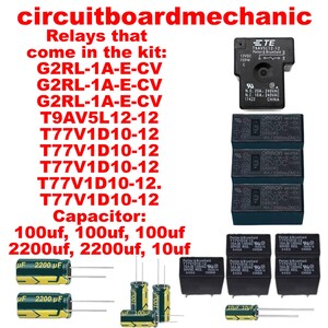 May include: An assortment of electronic components, including relays and capacitors, are displayed against a white background. The image features several black relays with text, along with multiple cylindrical capacitors in green and yellow. Text at the top reads "circuitboardmechanic".