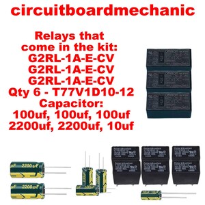 May include: Image of electronic components, including relays and capacitors. The text "circuitboardmechanic" is at the top. The image shows three black relays stacked, and several capacitors of varying sizes and values. Text details the components.