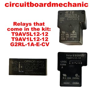 Può includere: Immagine di relè elettrici con il testo "circuitboardmechanic". L'immagine mostra tre relè neri con testo che indica tensione, amperaggio e produttore. Il testo elenca anche i modelli di relè inclusi nel kit: T9AV5L12-12, T9AV1L12-12 e G2RL-1A-E-CV.