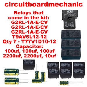 Può includere: Un assortimento di componenti elettronici, tra cui relè e condensatori, è mostrato su sfondo bianco. L'immagine include il testo "circuitboardmechanic" ed elenca i componenti del kit.