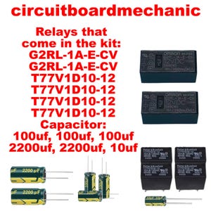 May include: An assortment of electronic components, including black relays and cylindrical capacitors. The image displays various models of relays and capacitors, with text labels indicating specifications such as voltage and capacitance. The text "circuitboardmechanic" is at the top.
