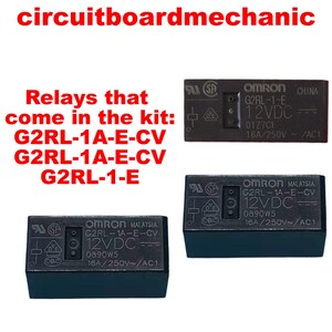 May include: Image of three black OMRON relays with the text "circuitboardmechanic". The relays are labeled G2RL-1A-E-CV, G2RL-1-E, and G2RL-1A-E-CV. Each relay is marked with 12VDC and 16A/250V~AC1.