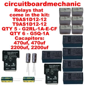 May include: A collection of electronic components, including relays, capacitors, and circuit boards. The image displays multiple relays, capacitors with values of 470µF and 2200µF, and circuit board components. Text on the image reads "circuitboardmechanic".