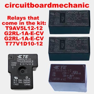 以下が含まれることがあります： 「circuitboardmechanic」と「Relays that come in the kit: T9AV5L12-12, G2RL-1A-E-CV, G2RL-1A-E-CV, T77V1D10-12」というテキストが入った電気リレーの画像。リレーは黒と茶色です。