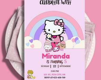 Kitty and Friends Party Invitation, Digital Editable Kawaii Cat Invitation Template, Digital Editable Canva File Template, Instant Download