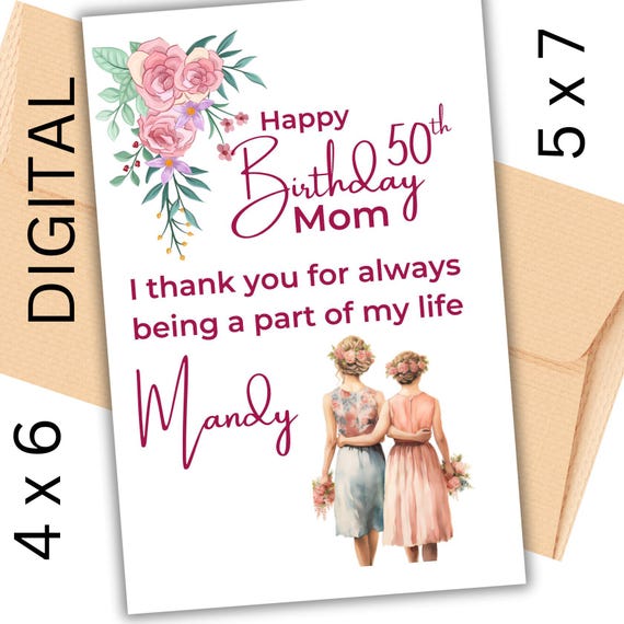 50th Birthday Card for Mom Digital Download Customizable Birthday