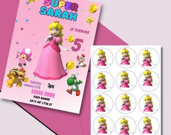 Super Mario Girl Birthday Invitation Canva template, Princess Peach Party Invite, 5th Birthday Printable, Instant Download
