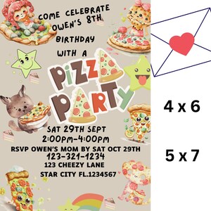 May include: A colorful invitation for a pizza party celebrating Owen's 8th birthday. The invitation features cartoon pizza slices, animals, and stars. The text reads "Come Celebrate Owen's 8th Birthday with a Pizza Party" and includes the date, time, and RSVP information.