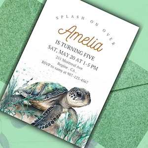Sous l'invitation de tortue de mer, invitation d'anniversaire modifiable sur le thème de l'océan, téléchargement numérique, carte de fête de créatures marines mignonnes, impression instantanée