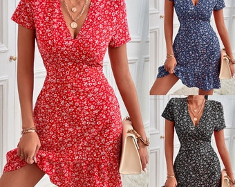 Womens Summer Beach Boho Sun Dress Ladies Holiday V Neck Mini Dresses Size 8-18