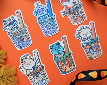 Stickers holographiques Halloween | Joli pack d'autocollants découpés | Conceptions Shiba Inu | Stickers ordinateur portable Boba Drink